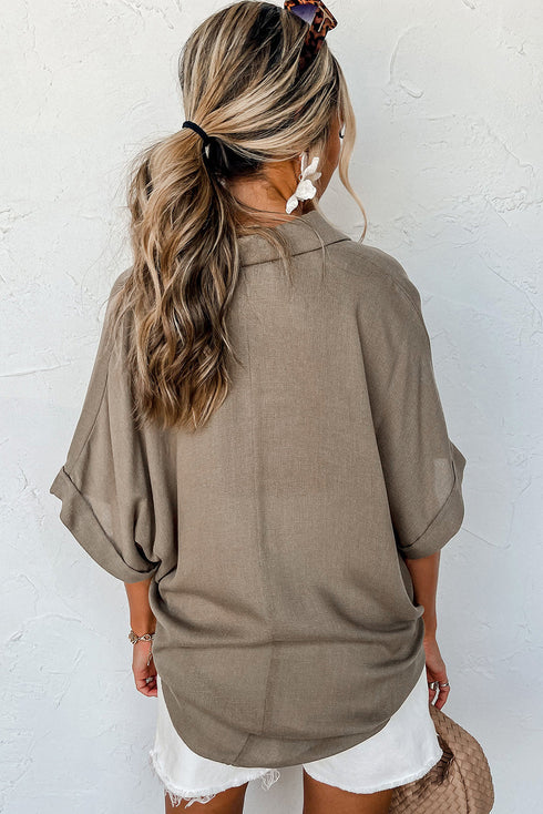 Collared Half Buttons Folded Short Sleeve Oversize Top